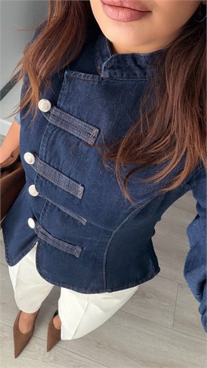 Navy Blue Mandarin Collar Napoleon Denim Jacket