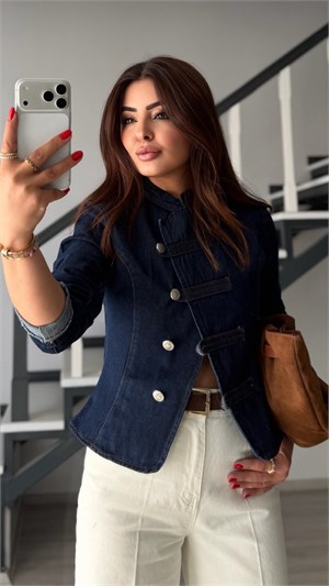 Navy Blue Mandarin Collar Napoleon Denim Jacket