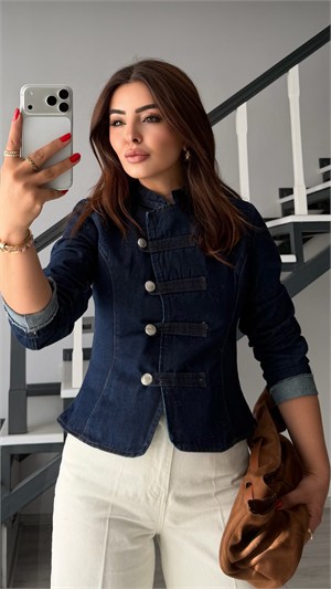 Navy Blue Mandarin Collar Napoleon Denim Jacket