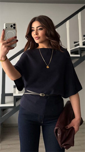 Navy Blue Boat Neck Batwing Sleeve Belted Knit Blouse