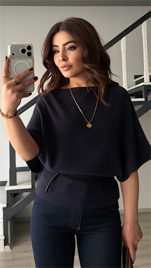 Navy Blue Boat Neck Batwing Sleeve Belted Knit Blouse