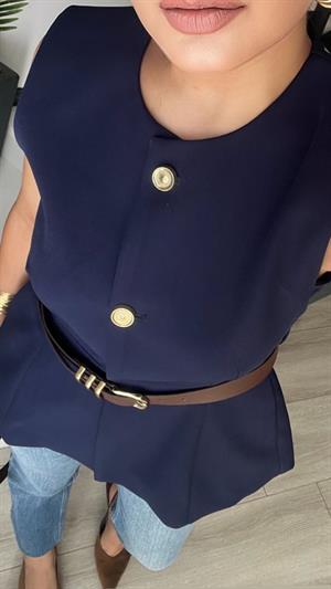 Lacivert Kemerli Gold Düğme Duble Crep Yelek