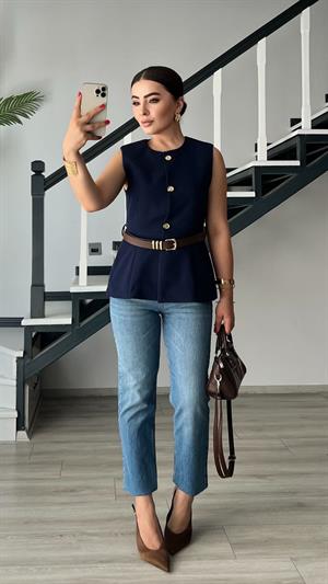 Lacivert Kemerli Gold Düğme Duble Crep Yelek