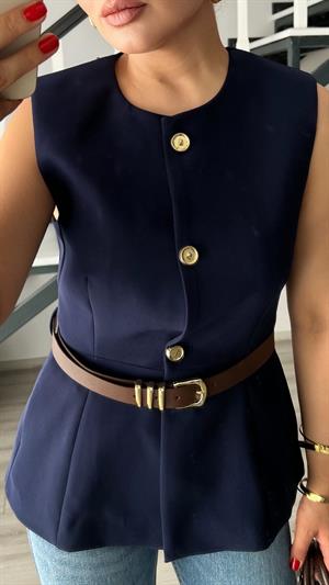 Lacivert Kemerli Gold Düğme Duble Crep Yelek