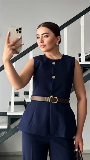 Lacivert Kemerli Gold Düğme Duble Crep Yelek