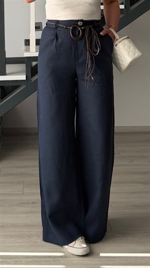 Navy Blue Belted Raw Linen Pants