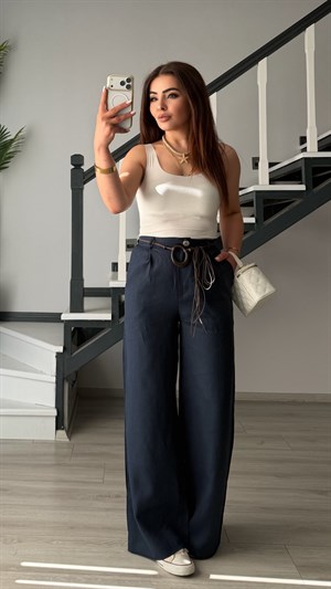 Navy Blue Belted Raw Linen Pants