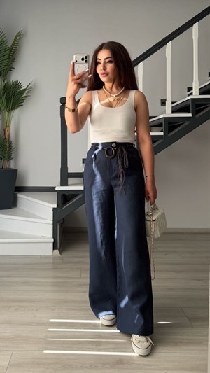 Navy Blue Belted Raw Linen Pants