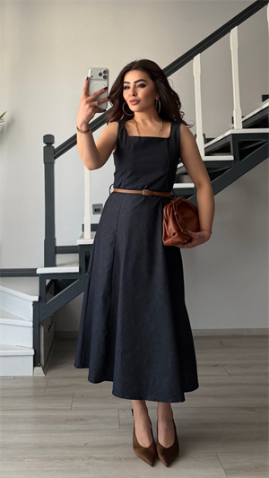 Lacivert Kemerli Kare Yaka Denim Elbise