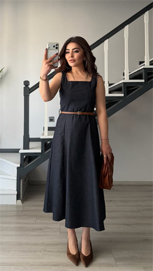 Lacivert Kemerli Kare Yaka Denim Elbise