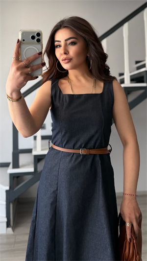Lacivert Kemerli Kare Yaka Denim Elbise