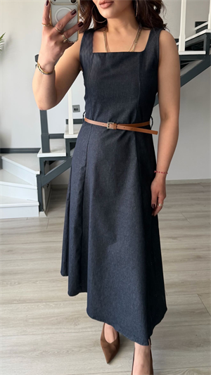 Lacivert Kemerli Kare Yaka Denim Elbise
