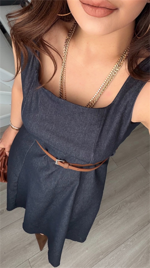 Lacivert Kemerli Kare Yaka Denim Elbise