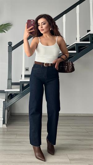 Lacivert Kemerli Kesik Paça Premium Jean