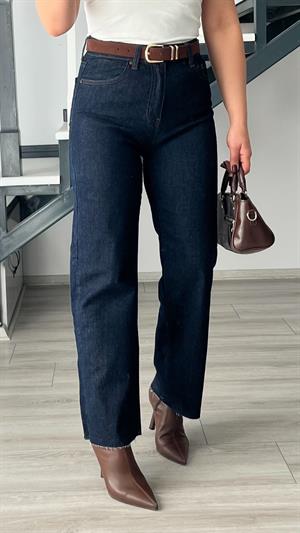 Lacivert Kemerli Kesik Paça Premium Jean