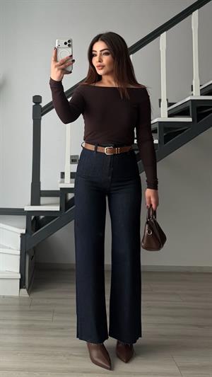 Lacivert Kemerli Likralı Straight Jean