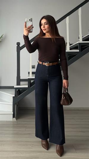 Lacivert Kemerli Likralı Straight Jean