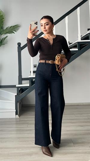 Lacivert Kemerli Paça Kesik Straight Jean