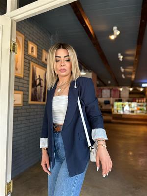 Lacivert Keten Astarı Çizgili Blazer Ceket  