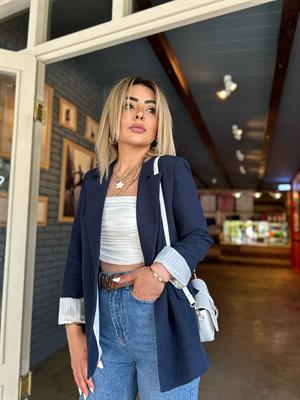 Lacivert Keten Astarı Çizgili Blazer Ceket  