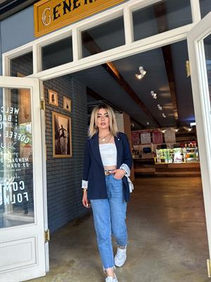 Lacivert Keten Astarı Çizgili Blazer Ceket  