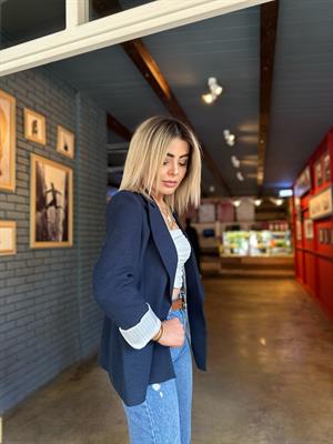 Lacivert Keten Astarı Çizgili Blazer Ceket  