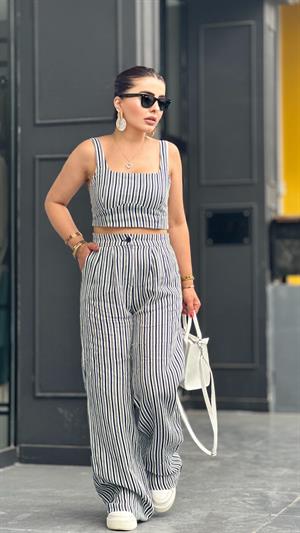 Navy Blue Linen Striped Crop Pants Suit