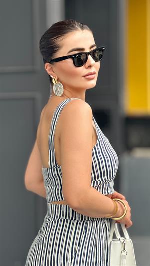 Navy Blue Linen Striped Crop Pants Suit