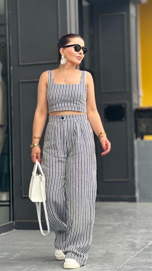 Navy Blue Linen Striped Crop Pants Suit