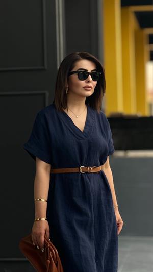 Navy Blue Linen V-Neck Dress