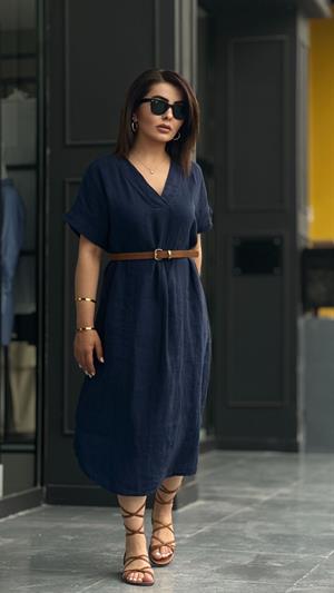 Navy Blue Linen V-Neck Dress