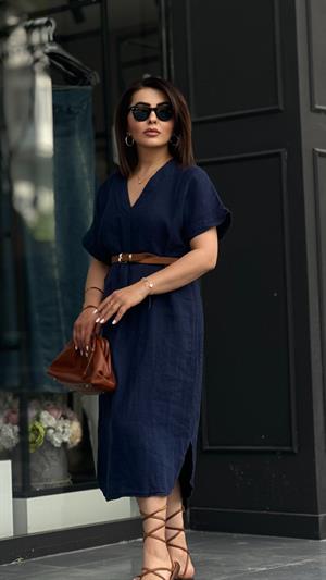Navy Blue Linen V-Neck Dress