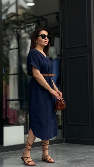 Navy Blue Linen V-Neck Dress
