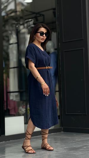Navy Blue Linen V-Neck Dress