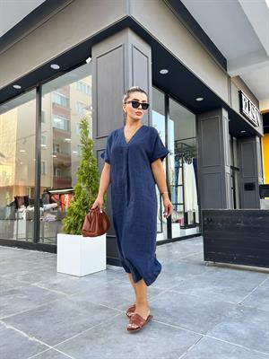 Navy Blue Linen V-Neck Dress