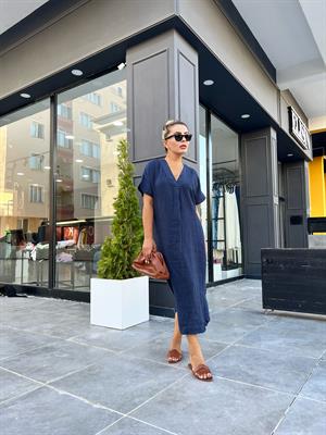 Navy Blue Linen V-Neck Dress
