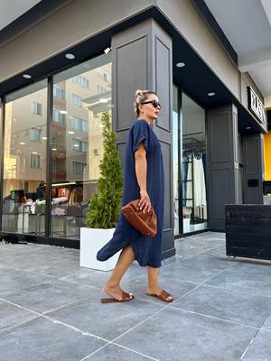 Navy Blue Linen V-Neck Dress