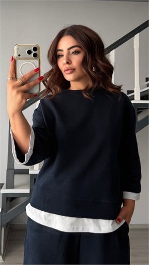 Navy Blue Contrast T-Shirt Detailed Knit Set