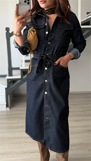 Lacivert Kuşaklı Midi Boy Denim Elbise