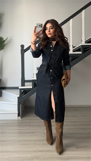 Lacivert Kuşaklı Midi Boy Denim Elbise