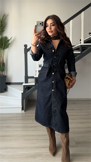 Lacivert Kuşaklı Midi Boy Denim Elbise