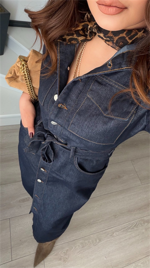 Lacivert Kuşaklı Midi Boy Denim Elbise