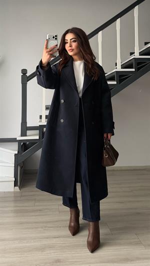 Lacivert Oversize Kaşe Kaban
