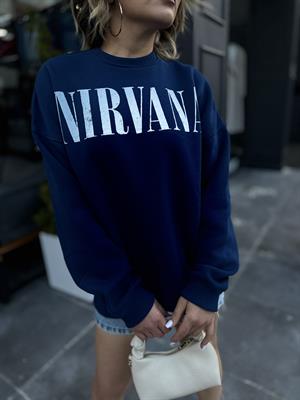 Lacivert Oversize Üç İplik Şardonlu Nirvana Baskılı Sweatsirt 