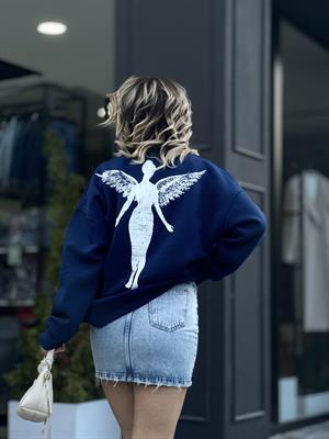 Lacivert Oversize Üç İplik Şardonlu Nirvana Baskılı Sweatsirt 