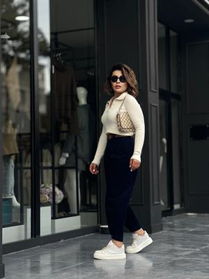 Lacivert Paça Çıtçıtlı Slouchy Pantolon