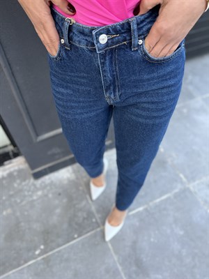 Lacivert Paçası Kesik Mom Jean