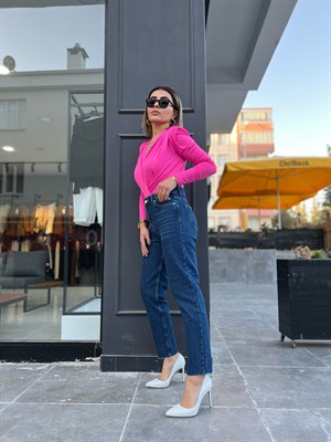 Lacivert Paçası Kesik Mom Jean
