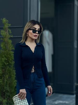 Lacivert Polo Yaka Çelik Örme Düğmeli Triko Bluz