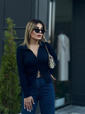 Lacivert Polo Yaka Çelik Örme Düğmeli Triko Bluz